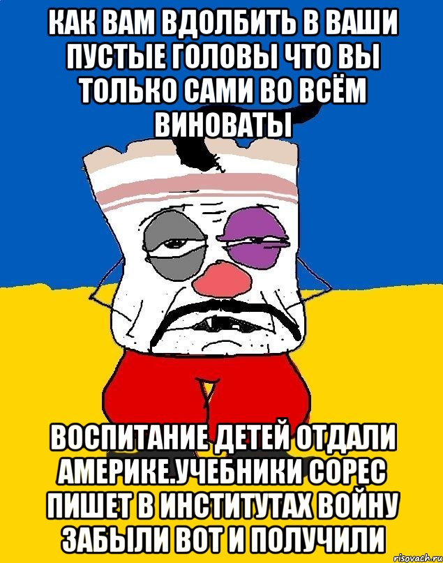 Как вам вдолбить в ваши пустые головы что вы только сами во всём виноваты Воспитание детей отдали америке.учебники сорес пишет в институтах войну забыли вот и получили, Мем Западенец - тухлое сало