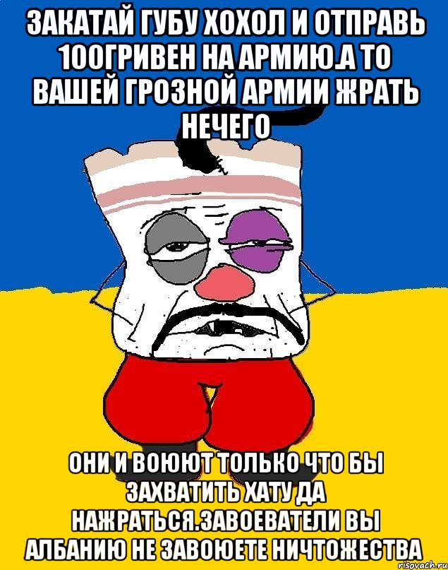 Закатай губу хохол и отправь 100гривен на армию.а то вашей грозной армии жрать нечего Они и воюют только что бы захватить хату да нажраться.завоеватели вы албанию не завоюете ничтожества, Мем Западенец - тухлое сало