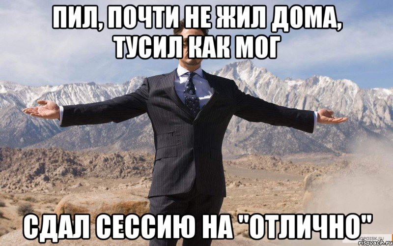 пил, почти не жил дома, тусил как мог сдал сессию на "отлично", Мем железный человек