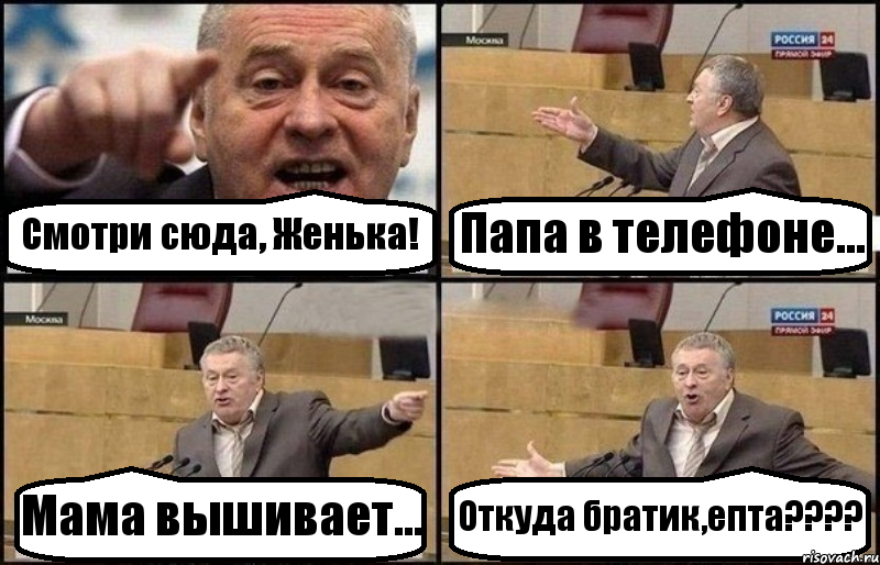 Смотри сюда, Женька! Папа в телефоне... Мама вышивает... Откуда братик,епта????, Комикс Жириновский