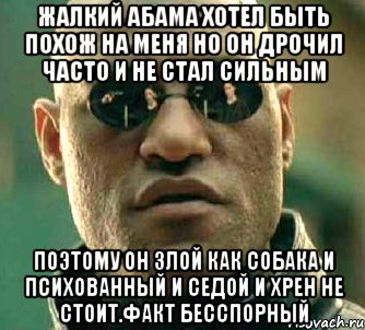 Жалкий абама хотел быть похож на меня но он дрочил часто и не стал сильным Поэтому он злой как собака и психованный и седой и хрен не стоит.факт бесспорный, Мем  а что если я скажу тебе