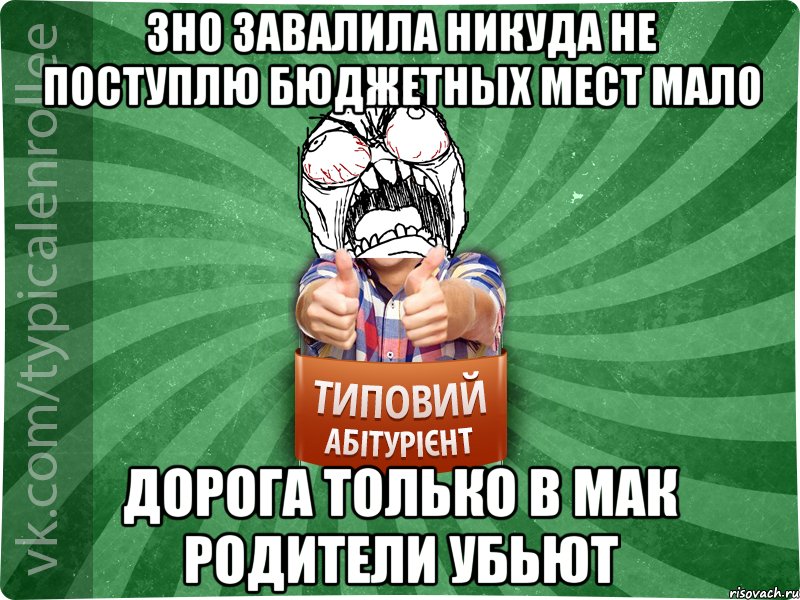 ЗНО завалила никуда не поступлю бюджетных мест мало дорога только в мак родители убьют, Мем абтура2