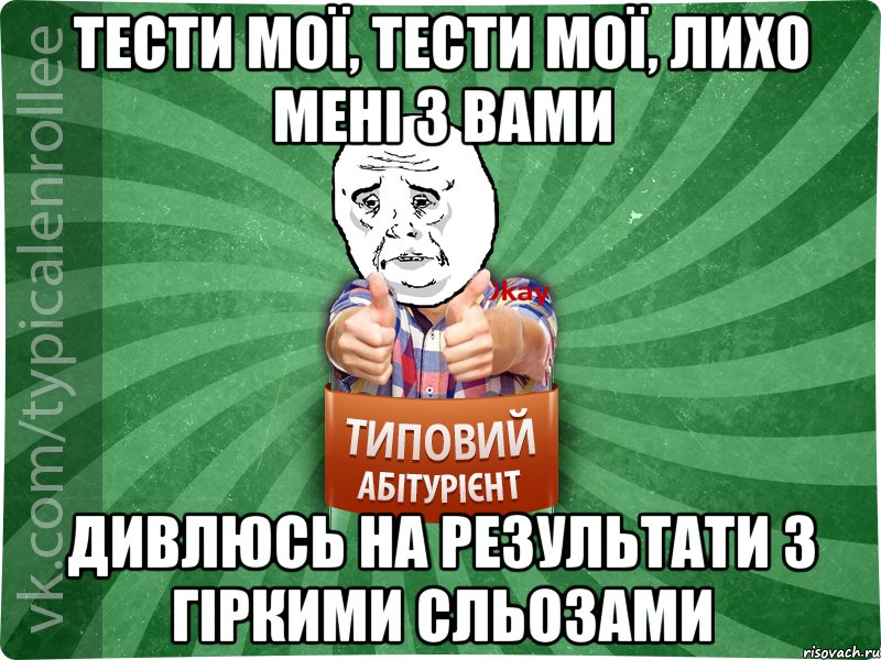 тести мої, тести мої, лихо мені з вами дивлюсь на результати з гіркими сльозами, Мем абтура4