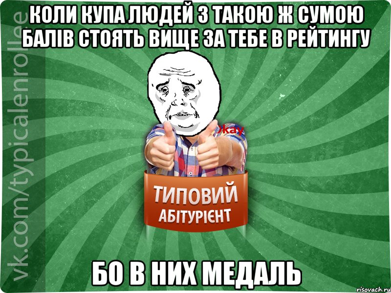 КОЛИ КУПА ЛЮДЕЙ З ТАКОЮ Ж СУМОЮ БАЛІВ СТОЯТЬ ВИЩЕ ЗА ТЕБЕ В РЕЙТИНГУ БО В НИХ МЕДАЛЬ