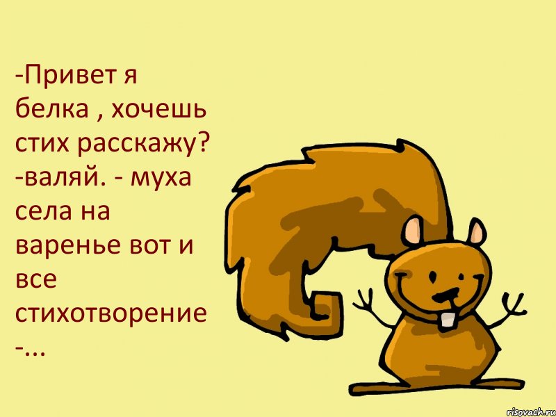 -Привет я белка , хочешь стих расскажу? -валяй. - муха села на варенье вот и все стихотворение -...