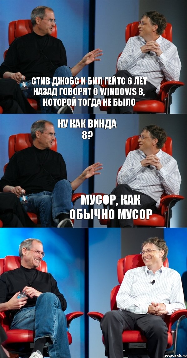 Стив Джобс и Бил Гейтс 6 лет назад говорят о Windows 8, которой тогда не было Ну как Винда 8? Мусор, как обычно мусор, Комикс Стив Джобс и Билл Гейтс (6 зон)