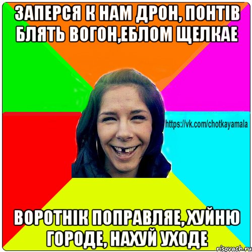 Заперся к нам Дрон, понтів блять вогон,еблом щелкае воротнік поправляе, хуйню городе, нахуй уходе, Мем Чотка мала