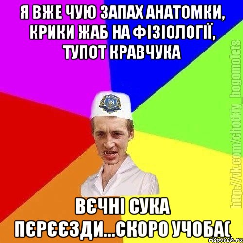 Я вже чую запах анатомки, крики жаб на фізіології, тупот кравчука вєчні сука пєрєєзди...скоро учоба(