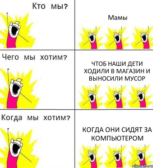 Мамы Чтоб наши дети ходили в магазин и выносили мусор Когда они сидят за компьютером, Комикс Что мы хотим