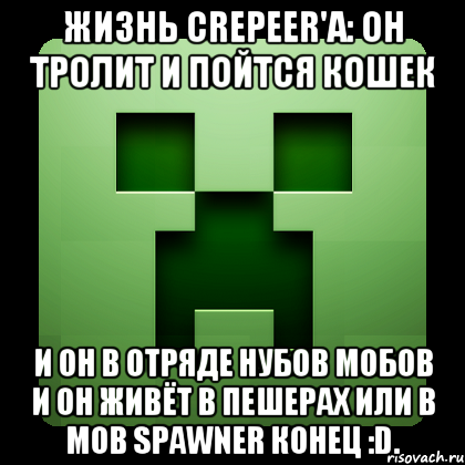 Жизнь Crepeer'a: Он Тролит и пойтся кошек И он в отряде нубов мобов и Он живёт в пешерах или в Mob Spawner Конец :D., Мем Creeper