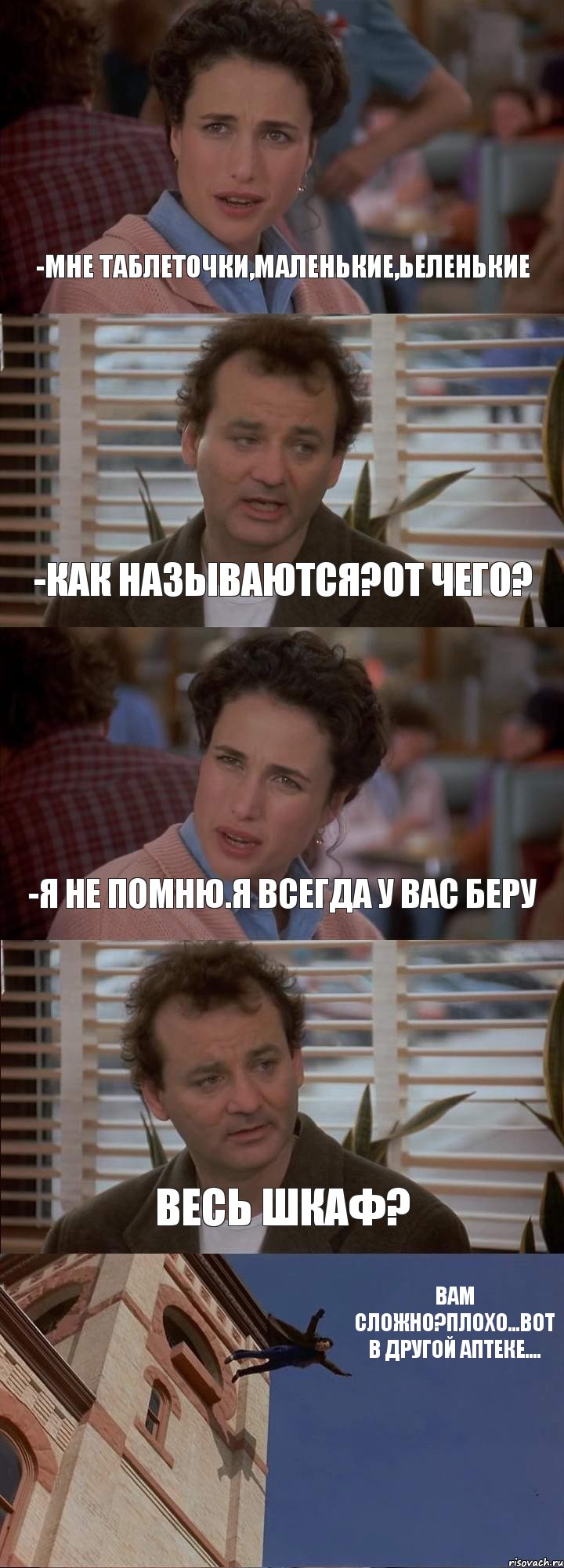 -МНЕ ТАБЛЕТОЧКИ,МАЛЕНЬКИЕ,ЬЕЛЕНЬКИЕ -КАК НАЗЫВАЮТСЯ?ОТ ЧЕГО? -Я НЕ ПОМНЮ.Я ВСЕГДА У ВАС БЕРУ ВЕСЬ ШКАФ? ВАМ СЛОЖНО?ПЛОХО...ВОТ В ДРУГОЙ АПТЕКЕ...., Комикс День сурка