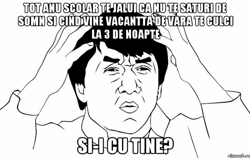 Tot anu scolar te jalui ca nu te saturi de somn si cind vine vacantta de vara te culci la 3 de noapte si-i cu tine?, Мем ДЖЕКИ ЧАН