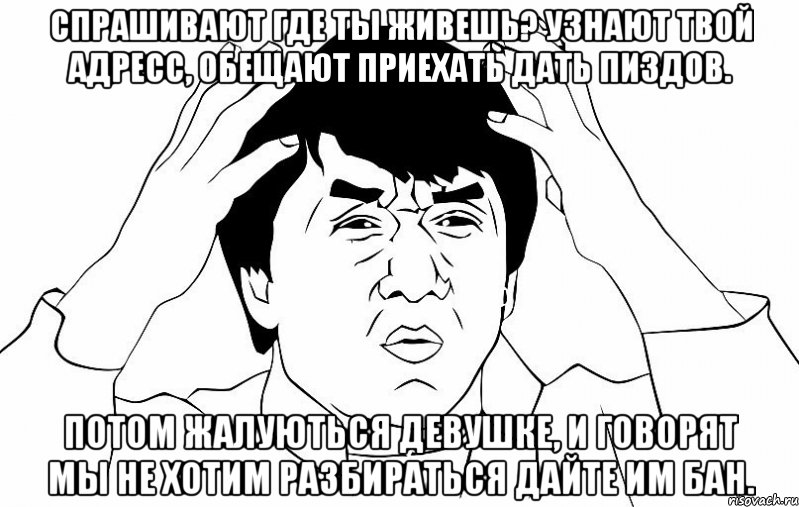 Спрашивают где ты живешь? Узнают твой адресс, обещают приехать дать пиздов. Потом жалуються девушке, и говорят мы не хотим разбираться дайте им бан., Мем ДЖЕКИ ЧАН