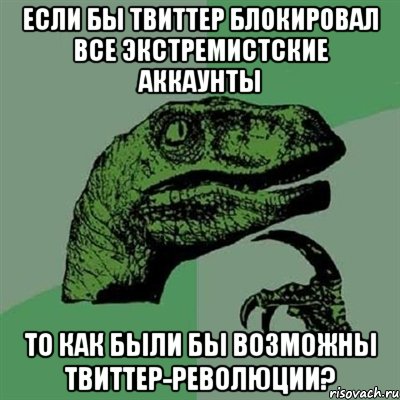 если бы твиттер блокировал все экстремистские аккаунты то как были бы возможны твиттер-революции?, Мем Филосораптор