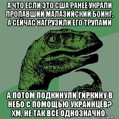 А что если это США ранее украли пропавший малазийский Боинг, а сейчас нагрузили его трупами А потом подкинули Гиркину в небо с помощью Украинцев? Хм, не так всё однозначно., Мем Филосораптор