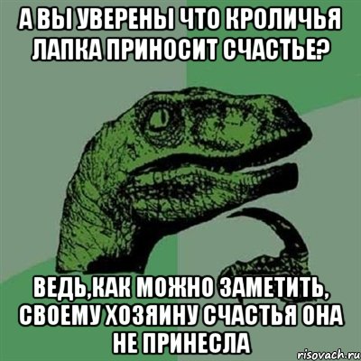 А вы уверены что кроличья лапка приносит счастье? Ведь,как можно заметить, своему хозяину счастья она не принесла, Мем Филосораптор