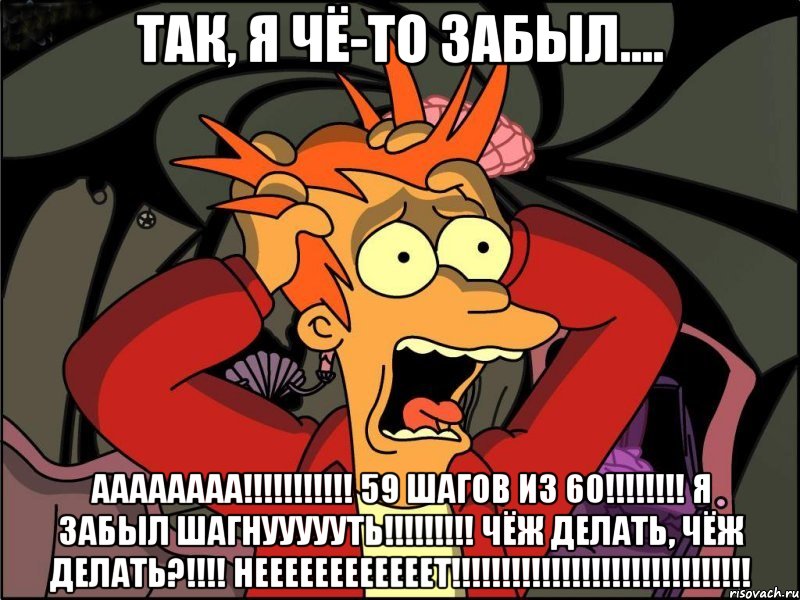 Так, я чё-то забыл.... Аааааааа!!!!!!!!!!! 59 шагов из 60!!!!!!!! Я забыл шагнуууууть!!!!!!!!! Чёж делать, чёж делать?!!!! Неееееееееееет!!!!!!!!!!!!!!!!!!!!!!!!!!!!!!, Мем Фрай в панике