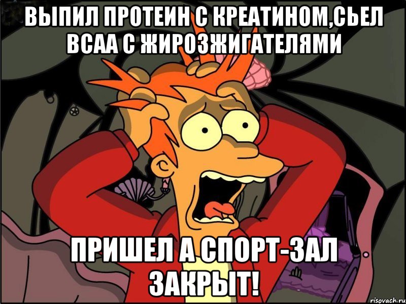 Выпил протеин с креатином,сьел Bcaa с жирозжигателями Пришел а спорт-зал закрыт!, Мем Фрай в панике