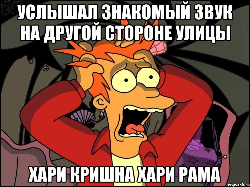 Услышал знакомый звук на другой стороне улицы Хари кришна хари рама, Мем Фрай в панике