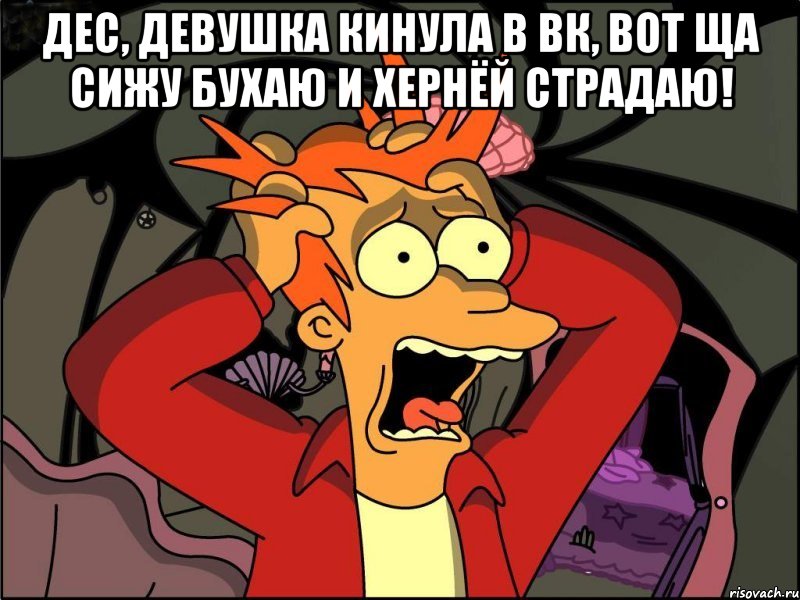 Дес, девушка кинула в вк, вот ща сижу бухаю и хернёй страдаю! , Мем Фрай в панике