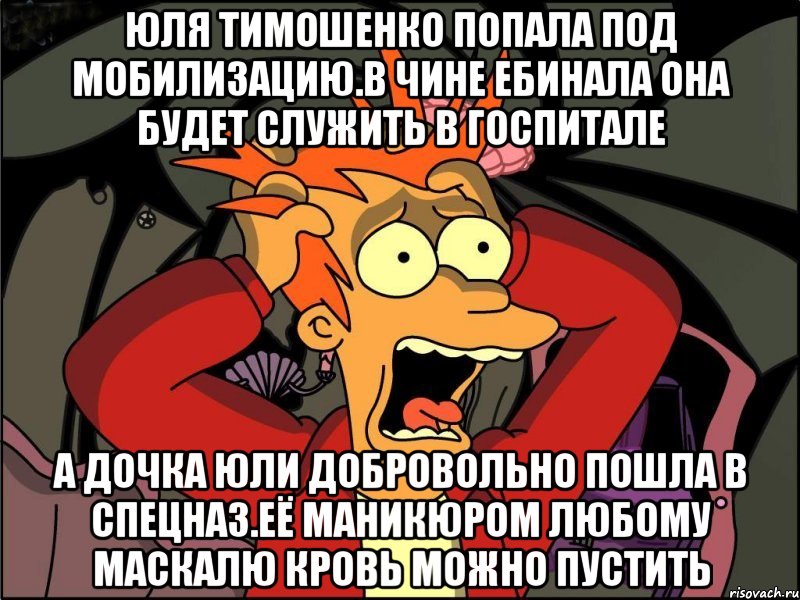 Юля тимошенко попала под мобилизацию.в чине ебинала она будет служить в госпитале А дочка юли добровольно пошла в спецназ.её маникюром любому маскалю кровь можно пустить, Мем Фрай в панике