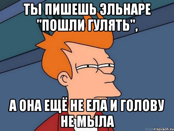 Ты пишешь Эльнаре "Пошли гулять", а она ещё не ела и голову не мыла, Мем  Фрай (мне кажется или)