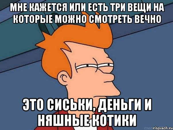 мне кажется или есть три вещи на которые можно смотреть вечно это сиськи, деньги и няшные котики, Мем  Фрай (мне кажется или)