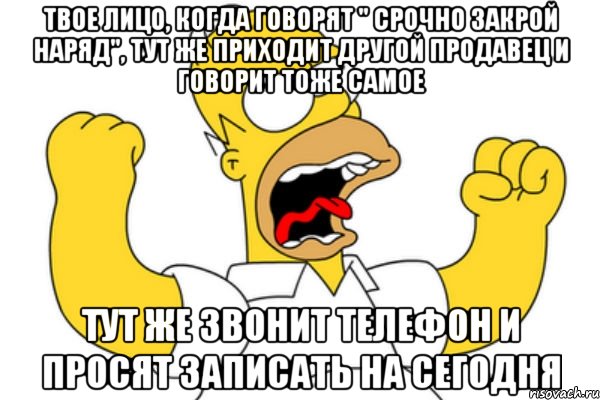 Твое лицо, когда говорят " Срочно закрой наряд", тут же приходит другой продавец и говорит тоже самое тут же звонит телефон и просят записать на сегодня, Мем Разъяренный Гомер