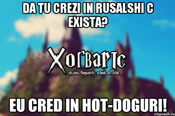 Da tu crezi in rusalshi c exista? Eu cred in hot-doguri!, Мем Хогвартс