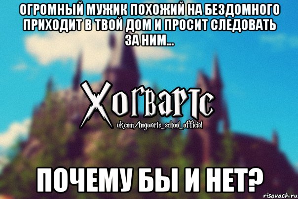 Огромный мужик похожий на бездомного приходит в твой дом и просит следовать за ним... Почему бы и нет?, Мем Хогвартс