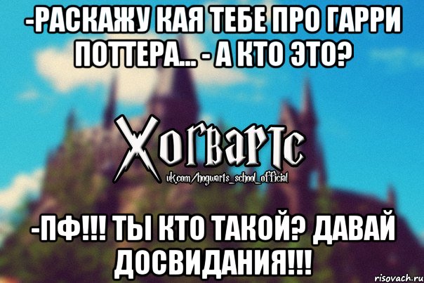 -Раскажу кая тебе про Гарри Поттера... - А кто это? -Пф!!! Ты кто такой? Давай досвидания!!!, Мем Хогвартс