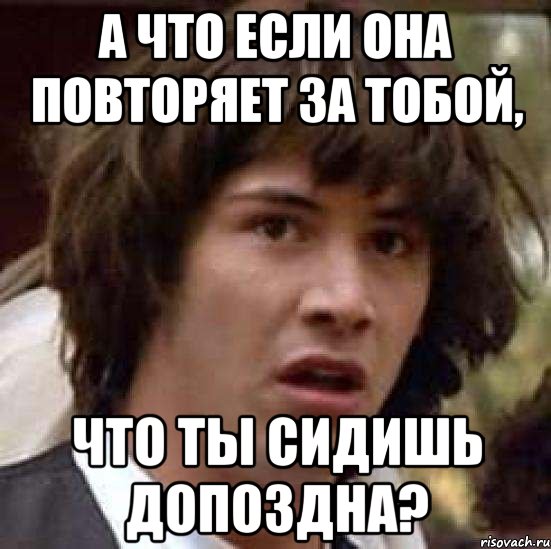 А ЧТО ЕСЛИ ОНА ПОВТОРЯЕТ ЗА ТОБОЙ, ЧТО ТЫ СИДИШЬ ДОПОЗДНА?, Мем А что если (Киану Ривз)