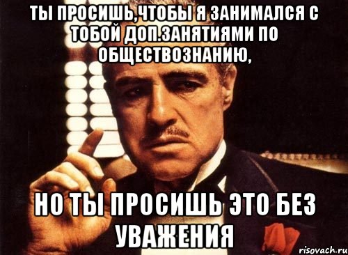 ты просишь,чтобы я занимался с тобой доп.занятиями по обществознанию, но ты просишь это без уважения, Мем крестный отец