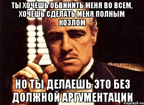 ты хочешь обвинить меня во всем, хочешь сделать меня полным козлом но ты делаешь это без должной аргументации, Мем крестный отец