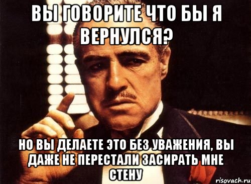 ВЫ ГОВОРИТЕ ЧТО БЫ Я ВЕРНУЛСЯ? НО ВЫ ДЕЛАЕТЕ ЭТО БЕЗ УВАЖЕНИЯ, ВЫ ДАЖЕ НЕ ПЕРЕСТАЛИ ЗАСИРАТЬ МНЕ СТЕНУ, Мем крестный отец