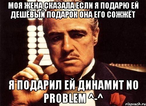 моя жена сказала если я подарю ей дешёвый подарок она его сожжёт я подарил ей динамит NO PROBLEM ^-^, Мем крестный отец