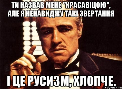 Ти назвав мене "красавіцою", але я ненавиджу такі звертання і це русизм, хлопче., Мем крестный отец