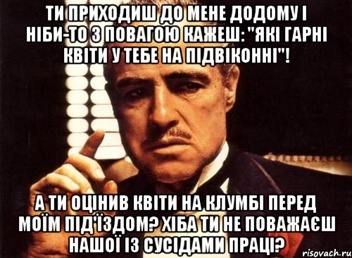 ти приходиш до мене додому і ніби-то з повагою кажеш: "які гарні квіти у тебе на підвіконні"! А ти оцінив квіти на клумбі перед моїм під'їздом? Хіба ти не поважаєш нашої із сусідами праці?, Мем крестный отец