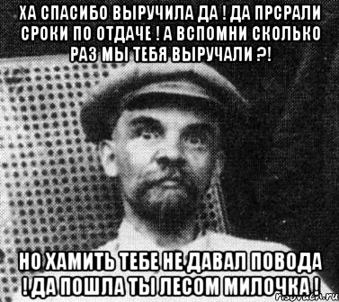 ха спасибо выручила да ! Да прсрали сроки по отдаче ! А вспомни сколько раз мы тебя выручали ?! Но Хамить тебе не давал повода ! Да пошла ты лесом милочка !, Мем   Ленин удивлен