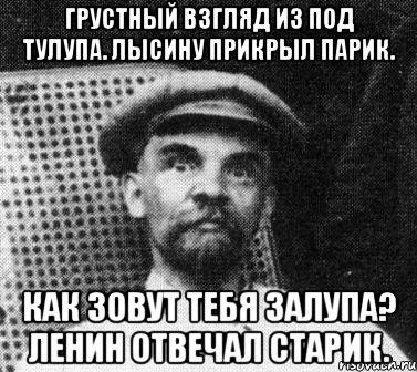 Грустный взгляд из под тулупа. Лысину прикрыл парик. Как зовут тебя залупа? Ленин отвечал старик., Мем   Ленин удивлен