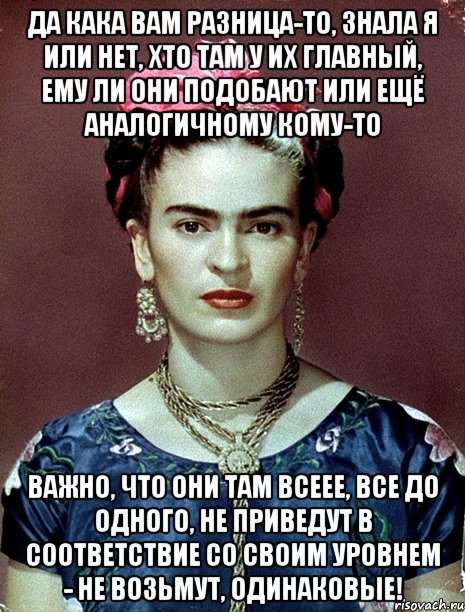 Да кака вам разница-то, знала я или нет, хто там у их главный, ему ли они подобают или ещё аналогичному кому-то Важно, что они там всеее, все до одного, не приведут в соответствие со своим уровнем - не возьмут, одинаковые!, Мем Magdalena Carmen Frieda Kahlo Ca