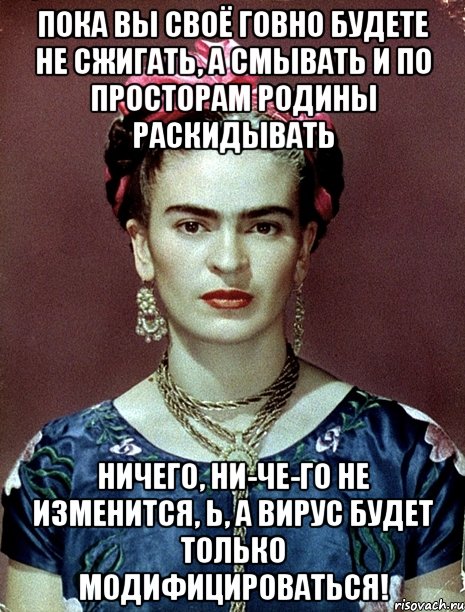 Пока вы своё говно будете не сжигать, а смывать и по просторам родины раскидывать ничего, ни-че-го не изменится, Ь, а вирус будет только модифицироваться!, Мем Magdalena Carmen Frieda Kahlo Ca