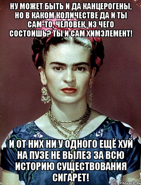 Ну может быть и да канцерогены, но в каком количестве да и ты сам-то, человек, из чего состоишь? Ты и сам химэлемент! И от них ни у одного ещё хуй на пузе не вылез за всю историю существования сигарет!, Мем Magdalena Carmen Frieda Kahlo Ca