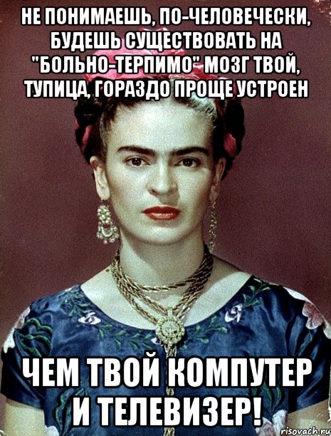 Не понимаешь, по-человечески, будешь существовать на "больно-терпимо" Мозг твой, тупица, гораздо проще устроен чем твой компутер и телевизер!, Мем Magdalena Carmen Frieda Kahlo Ca