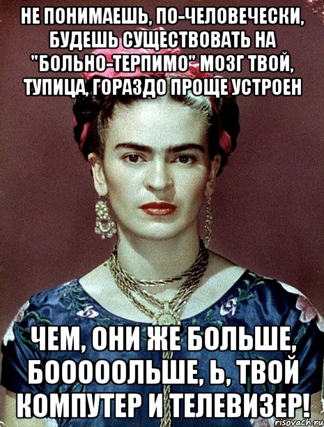 Не понимаешь, по-человечески, будешь существовать на "больно-терпимо" Мозг твой, тупица, гораздо проще устроен чем, они же больше, бооооольше, Ь, твой компутер и телевизер!, Мем Magdalena Carmen Frieda Kahlo Ca