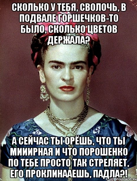 Сколько у тебя, сволочь, в подвале горшечков-то было, сколько цветов держала? А сейчас ты орёшь, что ты мииирная и что Порошенко по тебе просто так стреляет, его проклинааешь, падла?!, Мем Magdalena Carmen Frieda Kahlo Ca