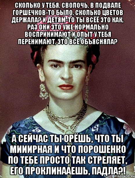 Сколько у тебя, сволочь, в подвале горшечков-то было, сколько цветов держала? И детям-то ты всёё это как, раз они это уже нормально воспринимают и опыт у тебя перенимают, это всё объясняла? А сейчас ты орёшь, что ты мииирная и что Порошенко по тебе просто так стреляет, его проклинааешь, падла?!, Мем Magdalena Carmen Frieda Kahlo Ca