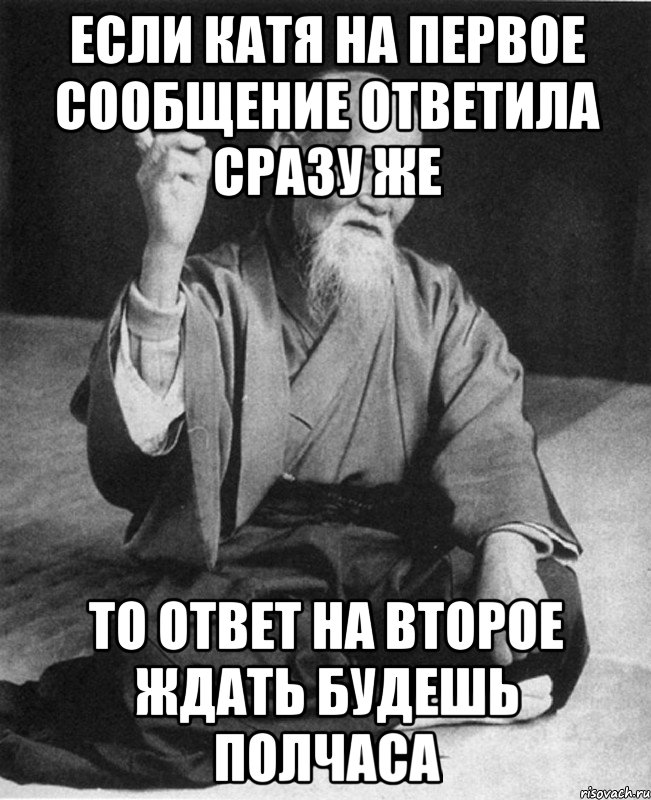 Если Катя на первое сообщение ответила сразу же то ответ на второе ждать будешь полчаса, Мем Монах-мудрец (сэнсей)