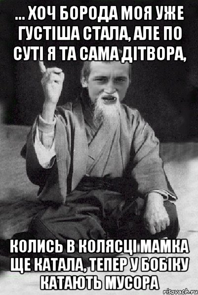 ... хоч борода моя уже густіша стала, але по суті я та сама дітвора, колись в колясці мамка ще катала, тепер у бобіку катають мусора, Мем Мудрий паца