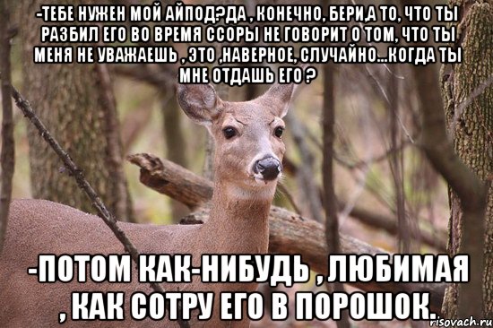 -Тебе нужен мой айпод?Да , конечно, бери,а то, что ты разбил его во время ссоры не говорит о том, что ты меня не уважаешь , это ,наверное, случайно...Когда ты мне отдашь его ? -Потом как-нибудь , любимая , как сотру его в порошок., Мем Наивная олениха